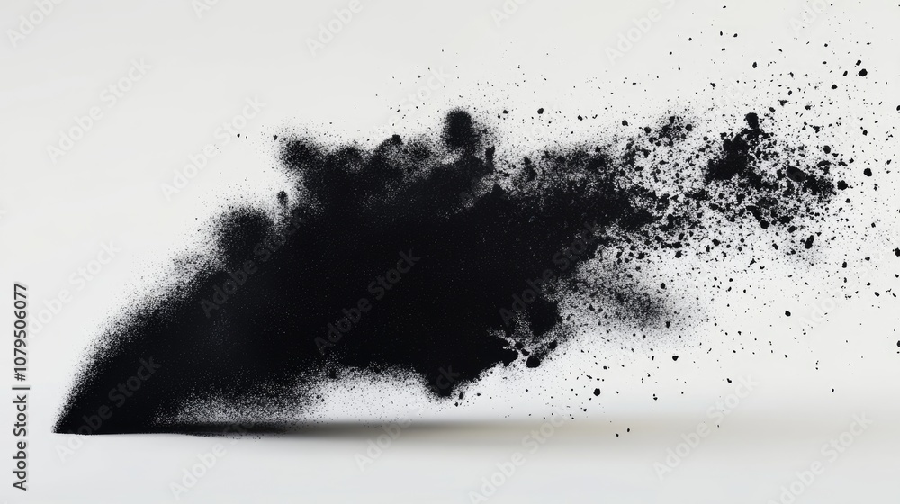 Aufkleber freeze motion of black powder exploding on a white background in 3d cartoon rendering
