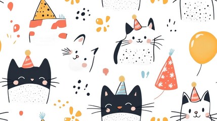 Seamless cartoon animal pattern featuring birthday themed cats ideal for wrapping paper fabrics children s clothing party accessories and festive packaging
