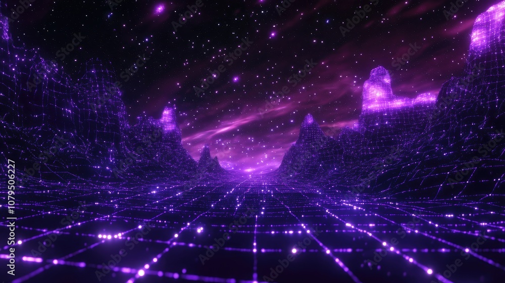 Aufkleber Abstract ultraviolet landscape featuring a dark background with a purple cyberspace grid showcasing a hi tech network and violet starry outer space texture in a 3D cartoon rendering