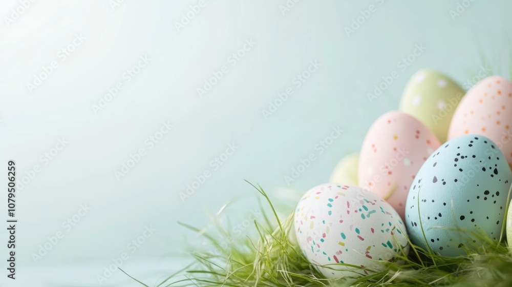 Poster soft pastel minimal easter design featuring colorful easter eggs and grass in the background providi