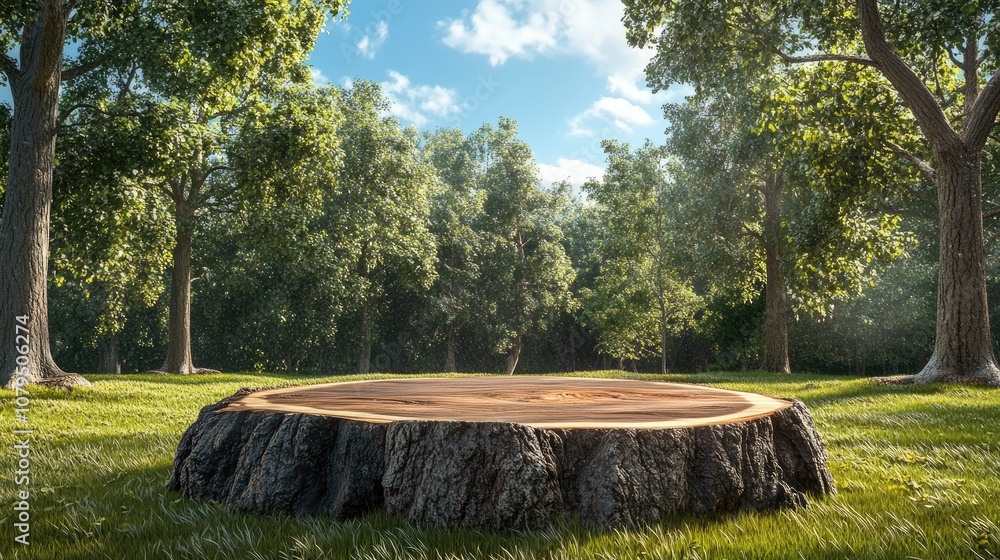 Aufkleber 3D render of an abstract stage podium featuring a log tree design set on grassy terrain surrounded by large trees and a clear blue sky ideal for product display and mock up presentations