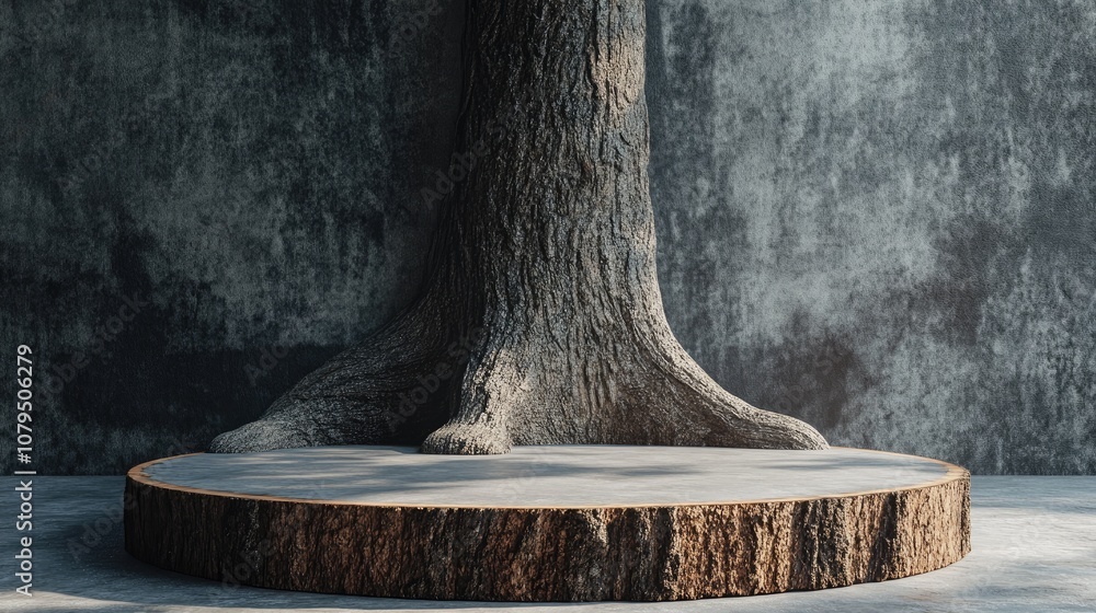 Poster Podium backdrop featuring a tree trunk as a support embodying a nature theme 3D rendering