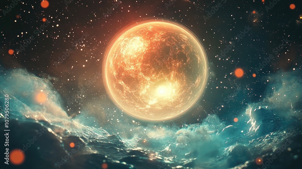 Aufkleber Beautiful 3D cartoon rendering of an abstract galaxy in the universe featuring a spinning object in a dark space