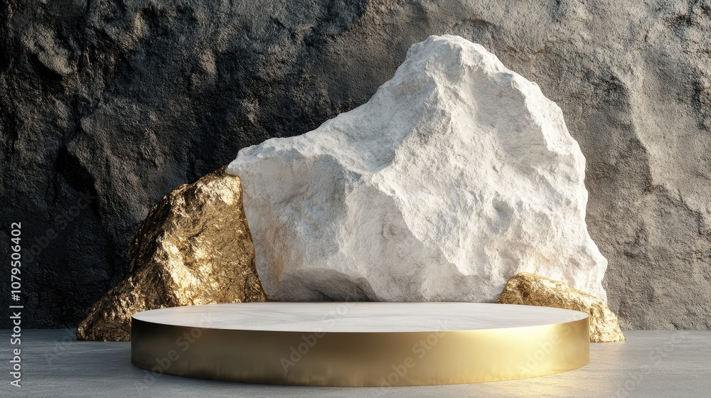Aufkleber abstract white stone rock featuring a gold podium background for product and cosmetic display showca