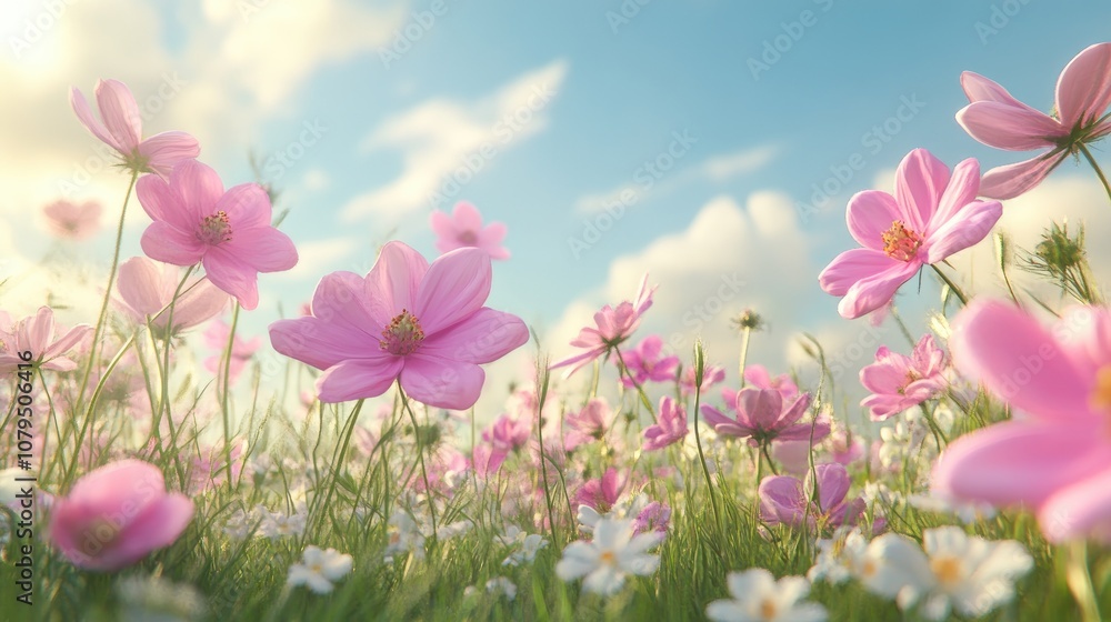Aufkleber Cosmos flower field with mockup and copy space in 3D cartoon rendering