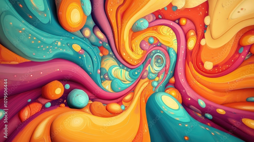 Poster Multicolor hippy vintage in a 3D cartoon rendering featuring a multicolored psychedelic pattern fluorescent hues and a swirling spiral texture with abstract elements