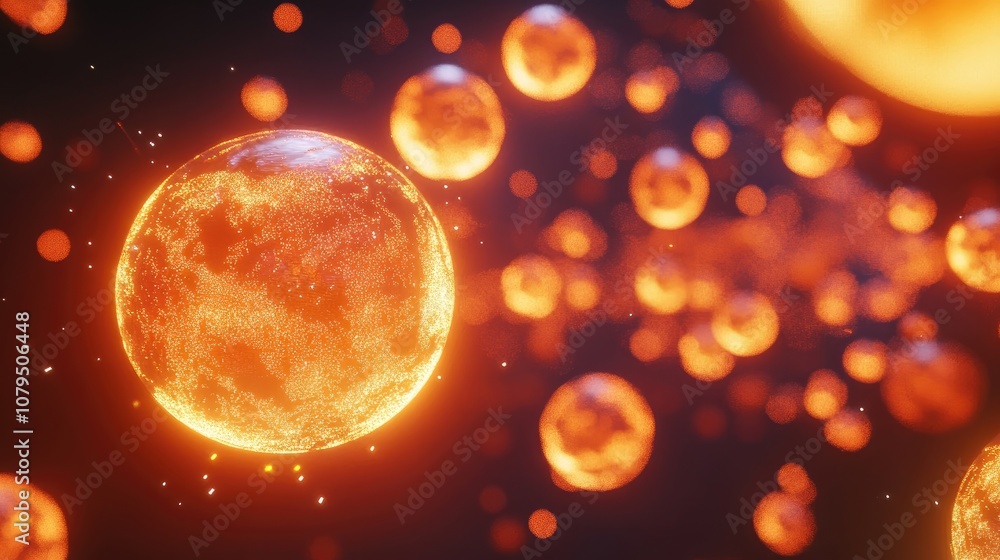 Poster Abstract background featuring glowing earth like balls on a dark backdrop in a 3D cartoon rendering