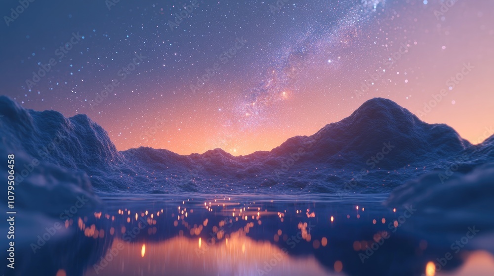 Poster 3D cartoon rendering depicting the Milky Way galaxy rising during the blue hour The image features soft focus blur and noise from long exposure and high ISO settings