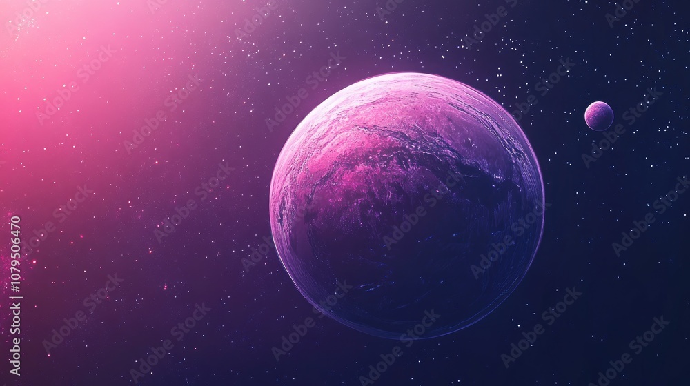 Poster cartoon depiction in 3d of a planet in deep space