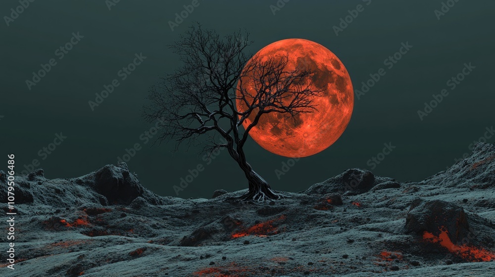 Poster lonely tree with a bloody moon in a 3d cartoon rendering