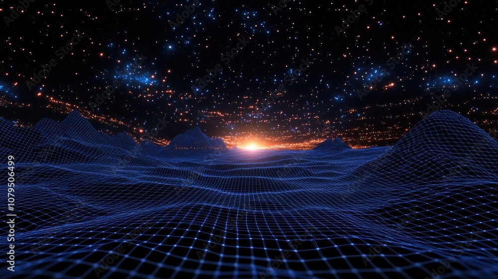 Poster Abstract landscape in a 3D cartoon rendering features a dark background star horizon cyberspace grid and a hi tech network presenting a starry outer space texture in this 3D illustration