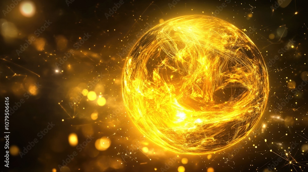Poster 3D cartoon depiction of a round yellow energy magic sphere a high tech digital iridescent morphing ball of liquid metal featuring light rays lines and energy particles Abstract background