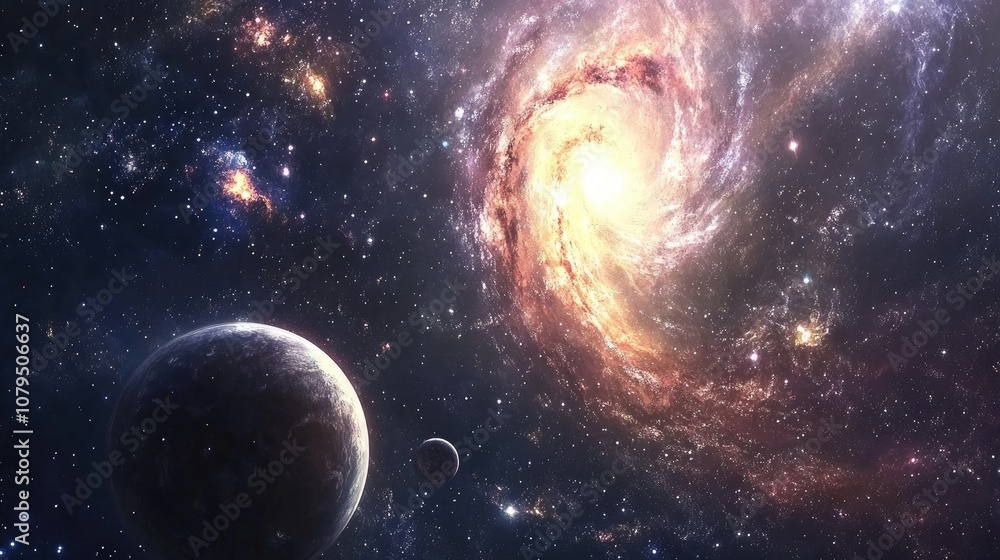 Poster celestial bodies of a planet and galaxy in open space showcasing cosmic elements