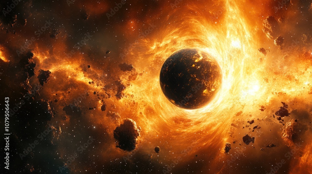 Aufkleber 3d cartoon rendering featuring a gas exoplanet stars and a nebula in outer space