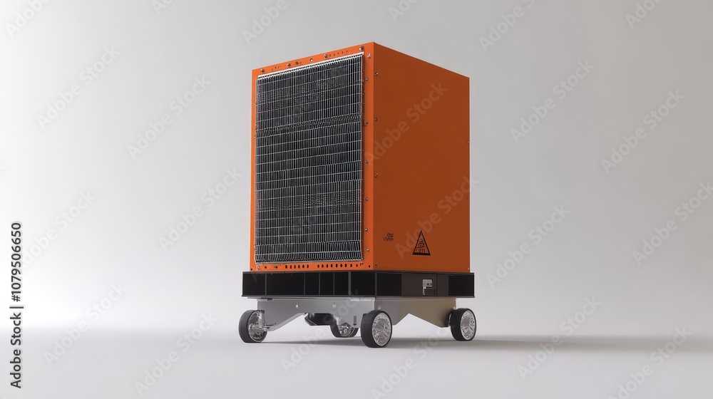 Poster industrial air conditioning unit on wheels with a distinctive orange and black design, showcasing a 