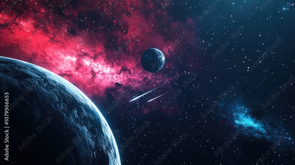 Aufkleber Stars of a planet and galaxy in a 3D cartoon rendering within free space featuring a meteor and meteorite against a dark red and blue backdrop