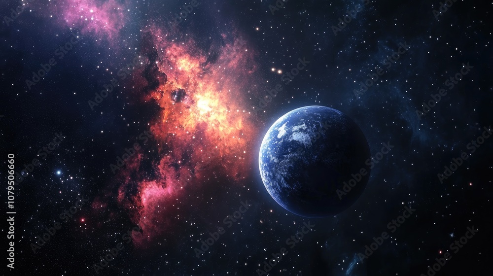 Poster 2D illustration set against a deep space stellar background featuring a cold nebula in a black universe