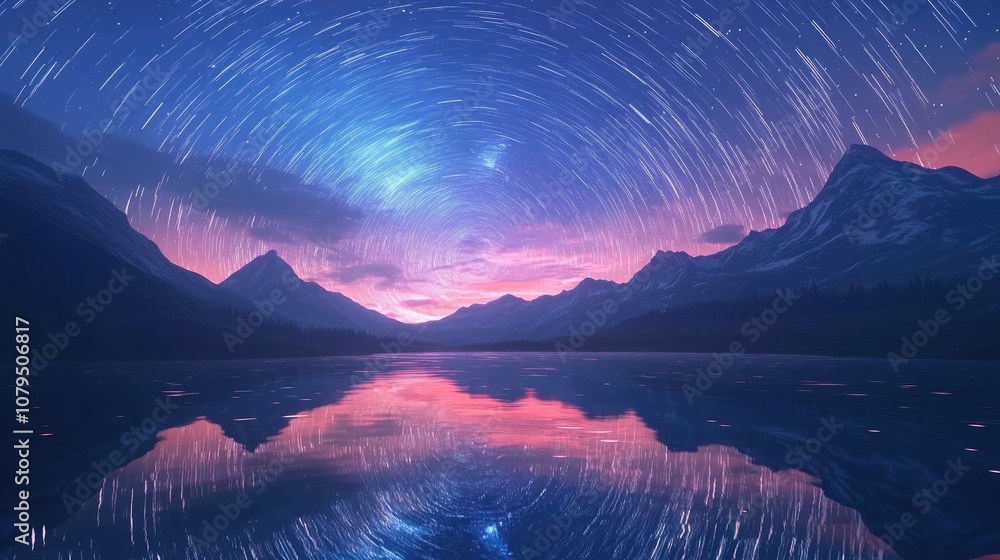 Poster 3d cartoon rendering of a magical landscape featuring mountains with star trails reflecting in a riv