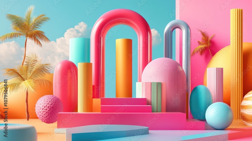 Poster dynamic interior featuring smooth objects with colorful gradients in a 3d illustration and rendering