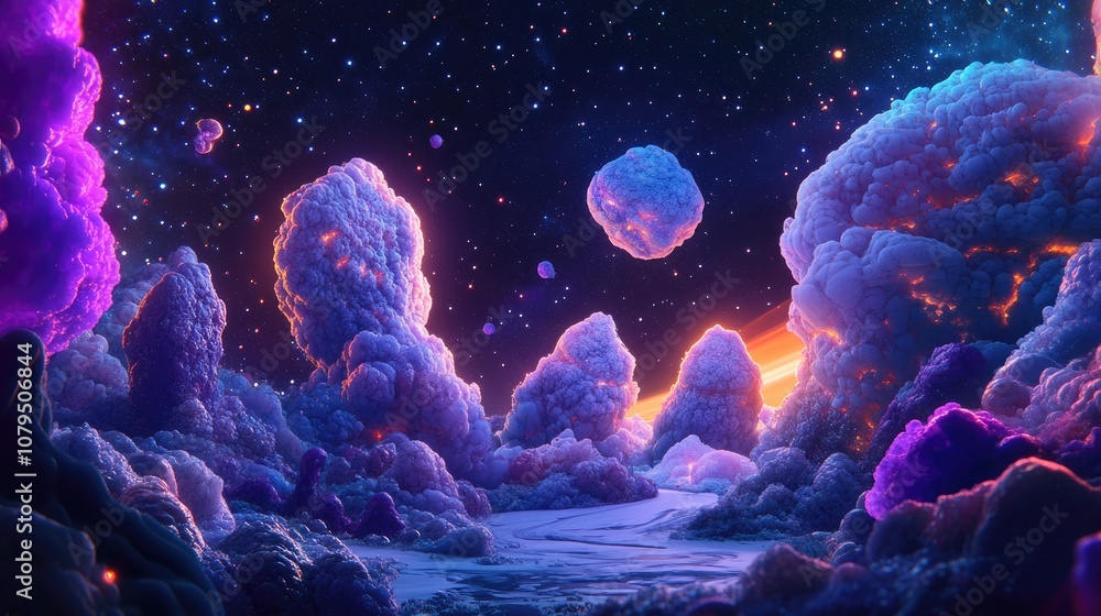 Poster Outer space art featuring awesome nebulae in a 3D cartoon rendering style