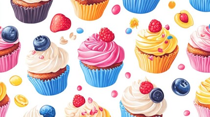 Colorful seamless pattern of cute raster cupcakes and muffins on a white background ideal for food related poster design