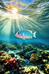 Fototapeta premium A vibrant underwater scene featuring a fish swimming among coral reefs with sunlight filtering through.
