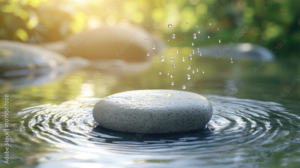 Poster a single smooth stone floats on calm water, creating ripples with sunlight glinting off the surface.