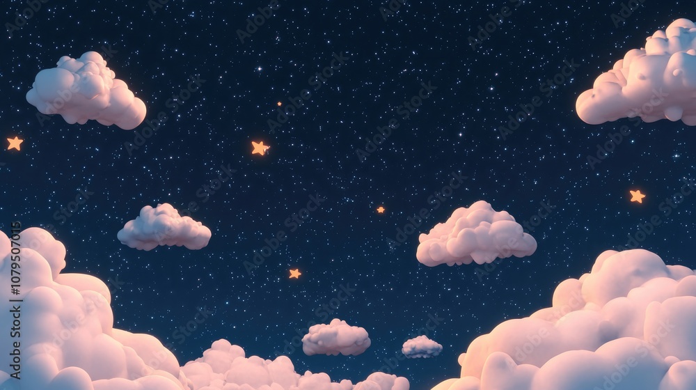 Wall mural night sky featuring clouds and stars in a 3d cartoon rendering