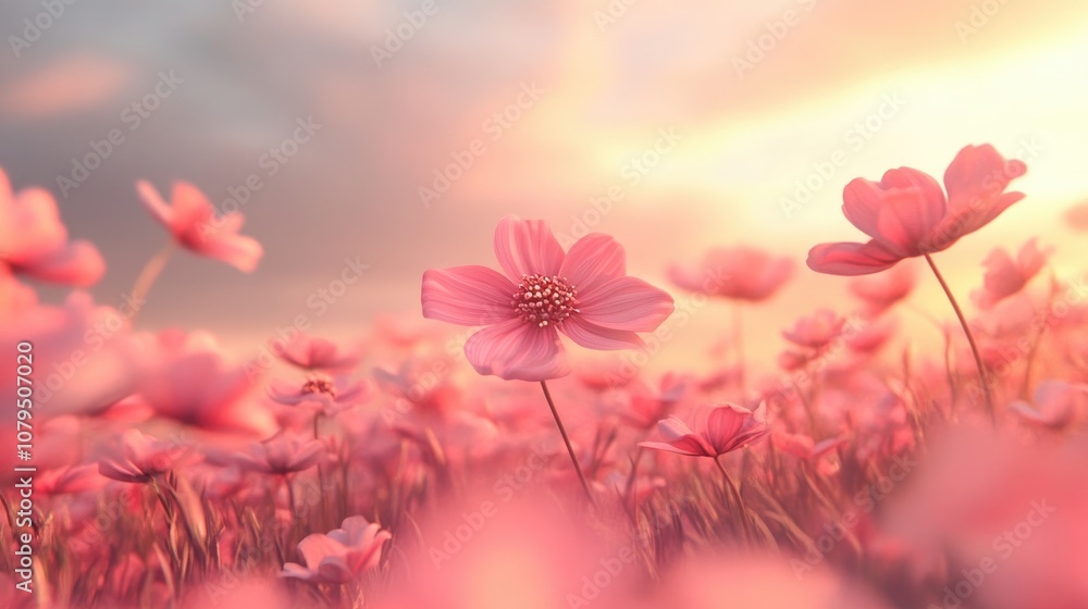 Poster Blooming cosmos flowers in motion blur with gradient filter effect depicted in 3D cartoon rendering