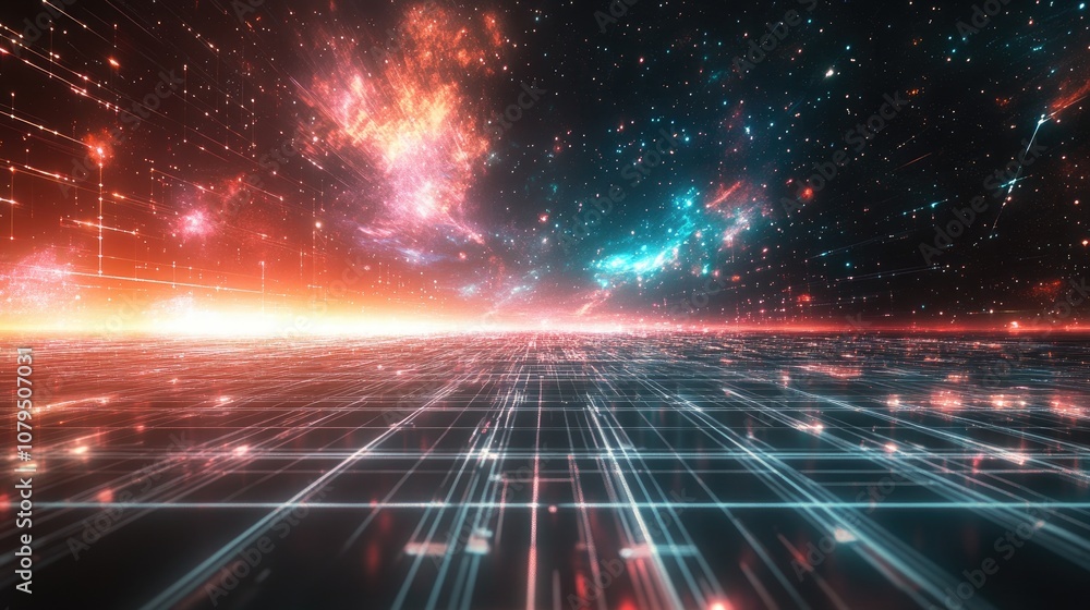 Poster Abstract landscape in a 3D cartoon rendering against a dark background featuring a star horizon cyberspace grid hi tech network and a starry outer space texture