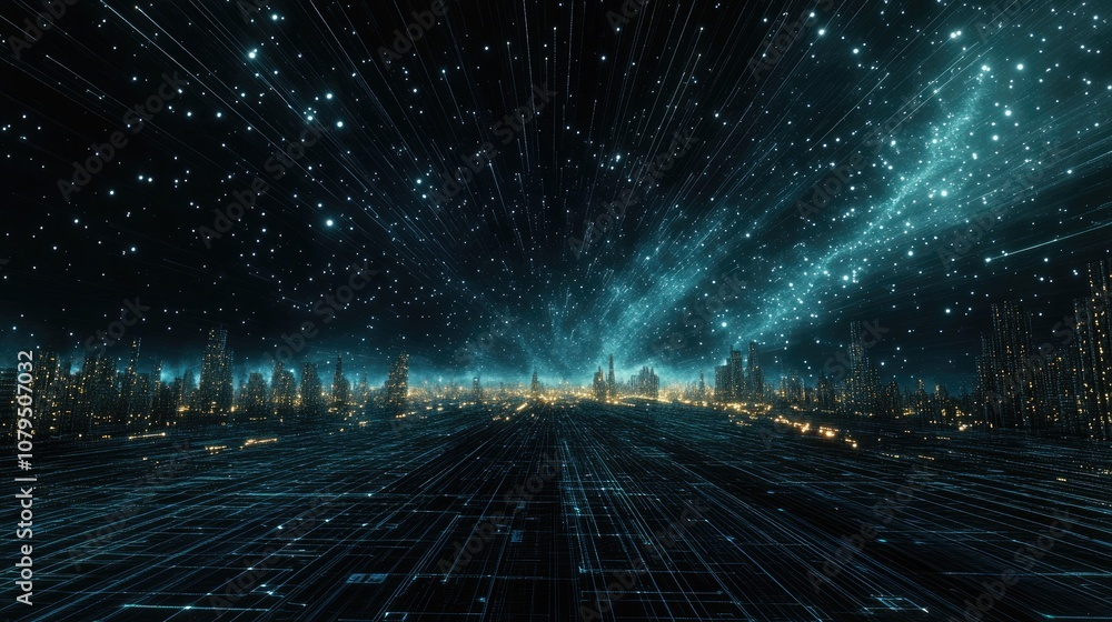 Poster Abstract landscape in a dark background featuring a cyberspace grid and hi tech network starry outer space texture depicted through 3D cartoon rendering