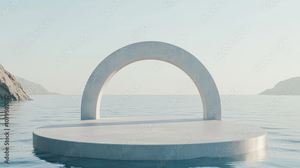 Poster empty pedestal against a water backdrop abstract minimalist geometric design 3d rendering
