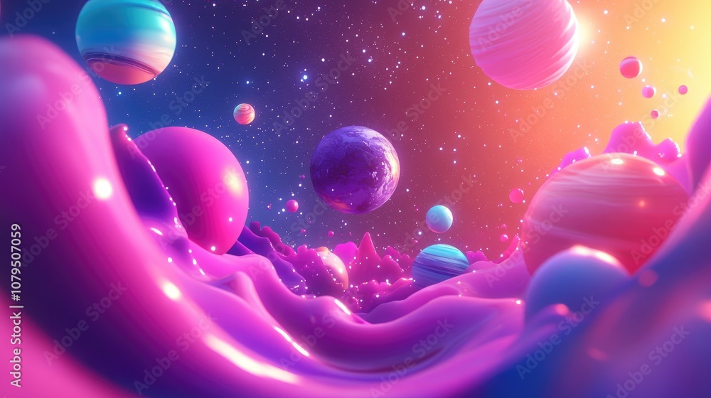 Poster Abstract background in a 3D cartoon rendering featuring shiny futuristic shapes wave illustrations and an explosion of stars alongside planets in a distant solar system