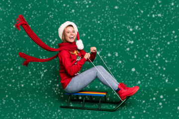 Portrait of attractive trendy ecstatic cheerful girl riding sledges day holly jolly daydream...