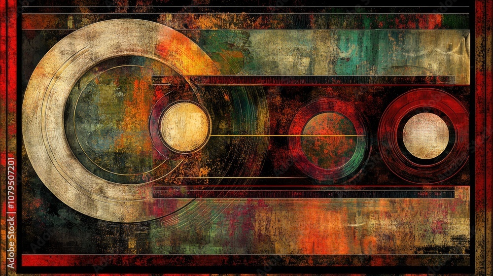 Poster abstract circular shapes and patterns framed within a border in digital art