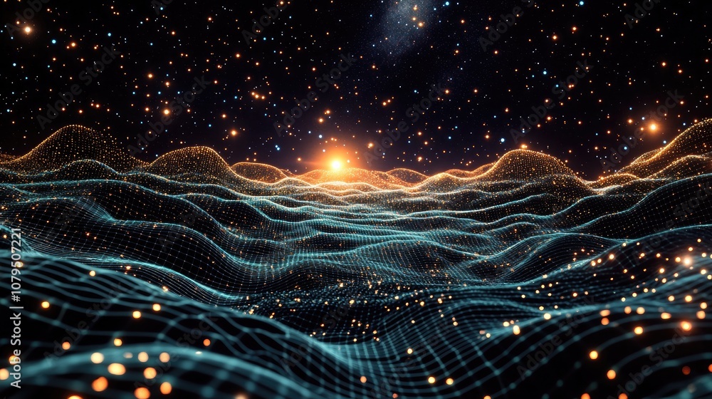 Poster Abstract landscape in a 3D cartoon rendering featuring a dark background star horizon cyberspace grid hi tech network and starry outer space texture