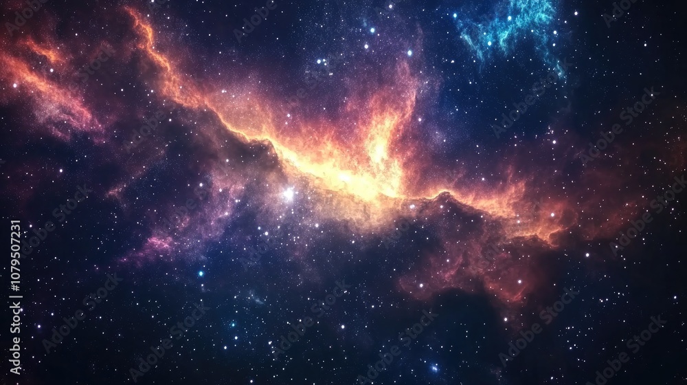 Poster Scientific background featuring a 3D cartoon rendering of a glowing nebula and stars in a mysterious deep space universe