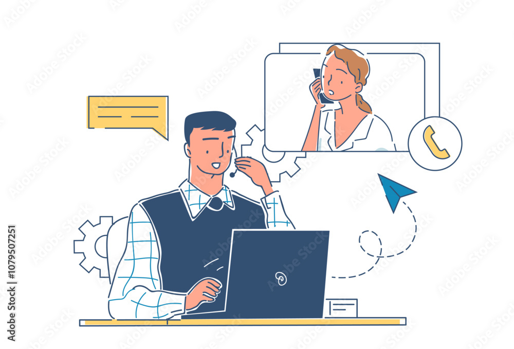 Poster customer support service. man on phone answering womans question. technical support and call center 