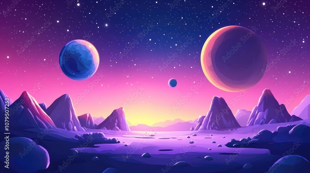 Poster 2d illustration featuring a 3d cartoon rendering of vast deep space showcasing stars planets moons a