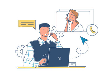 Customer support service. Man on phone answering womans question. Technical support and call center operator. Hot line service. Linear vector illustration isolated on white background