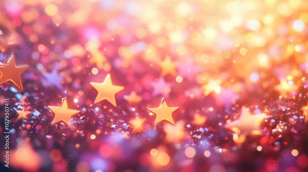 Fototapete Elegant festive abstract background with bokeh lights and stars 3D cartoon rendering