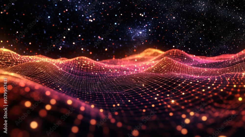 Aufkleber Abstract landscape in a dark background featuring a cyberspace grid and hi tech network starry outer space texture depicted through 3D cartoon rendering