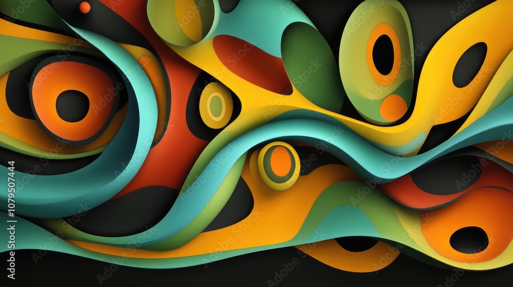 Poster three dimensional rendering of a vibrant abstract design featuring flowing shapes and dynamic colors