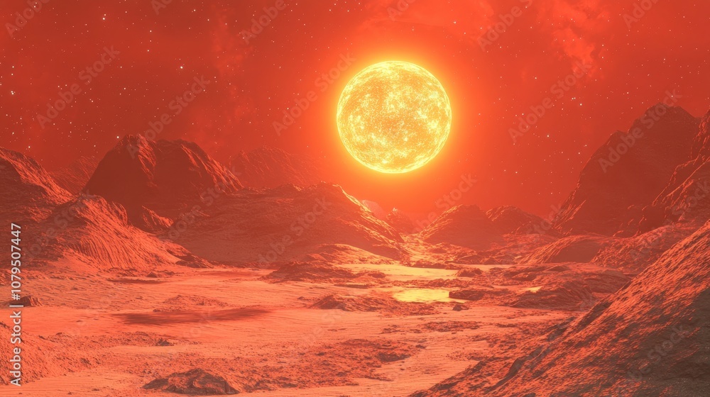 Poster 3D cartoon rendering depicting a desolate planet in a red nebula illuminated by a sun