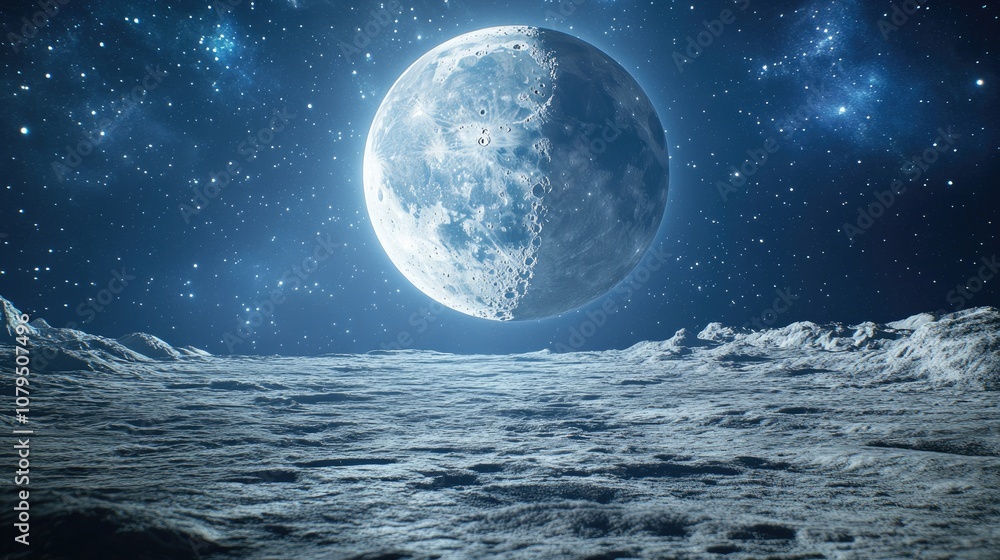 Poster Half Moon Background in a 3D cartoon rendering Realistic moon The Moon orbits planet Earth as its only permanent natural satellite