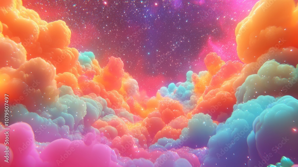 Poster Background of a 3D cartoon rendering featuring a nebula space and a starry sky with vibrant hues of orange pink blue purple and green displaying clouds swirls and a cosmic explosion