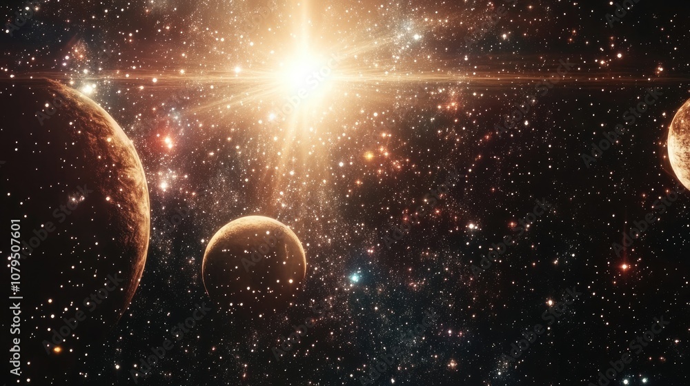 Poster 2d illustration in a 3d cartoon rendering style bright stars flash against a realistic star pattern 