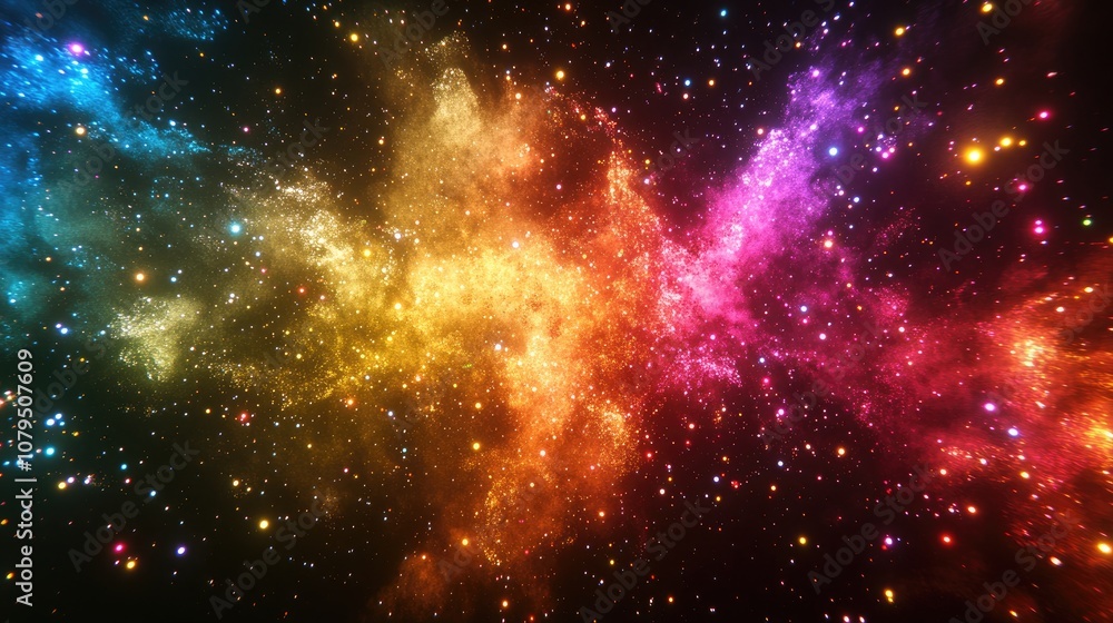 Aufkleber Abstract powder splatted background with a freeze motion effect of colorful powder explosion featuring a 3D cartoon rendering of color glitter texture on a dark backdrop