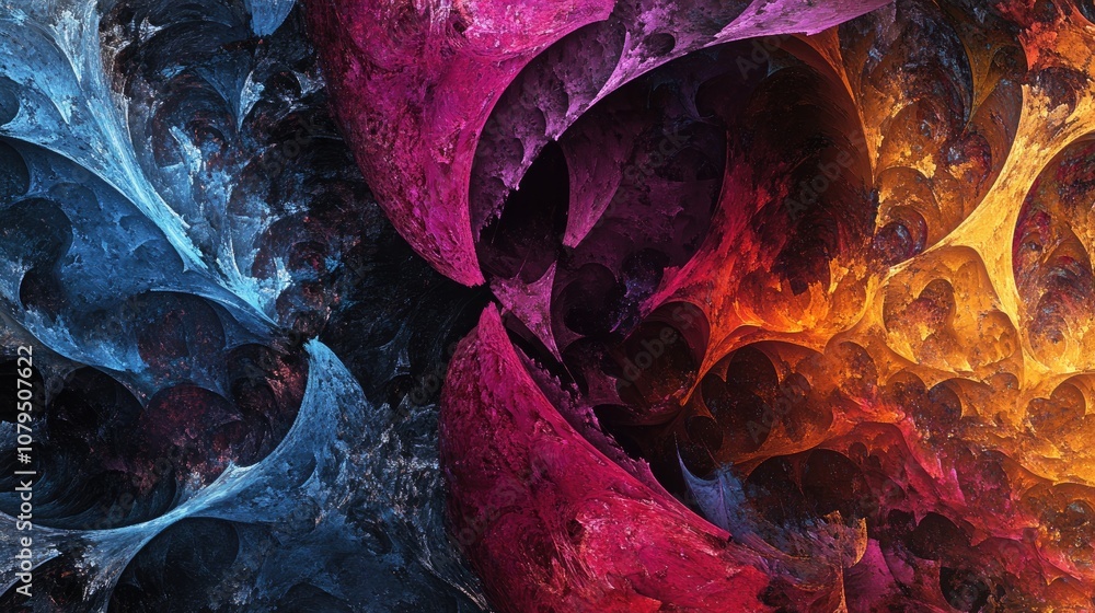 Poster vibrant and chaotic abstract fractal design featuring colorful patterns and intricate shapes ideal f