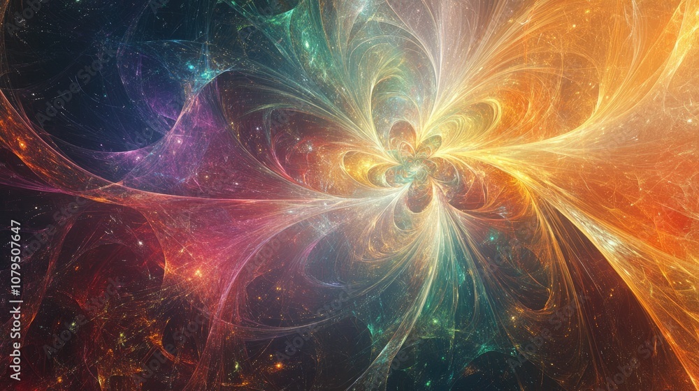 Poster abstract multicolored backdrop featuring a fractal star explosion with shine and intricate lines